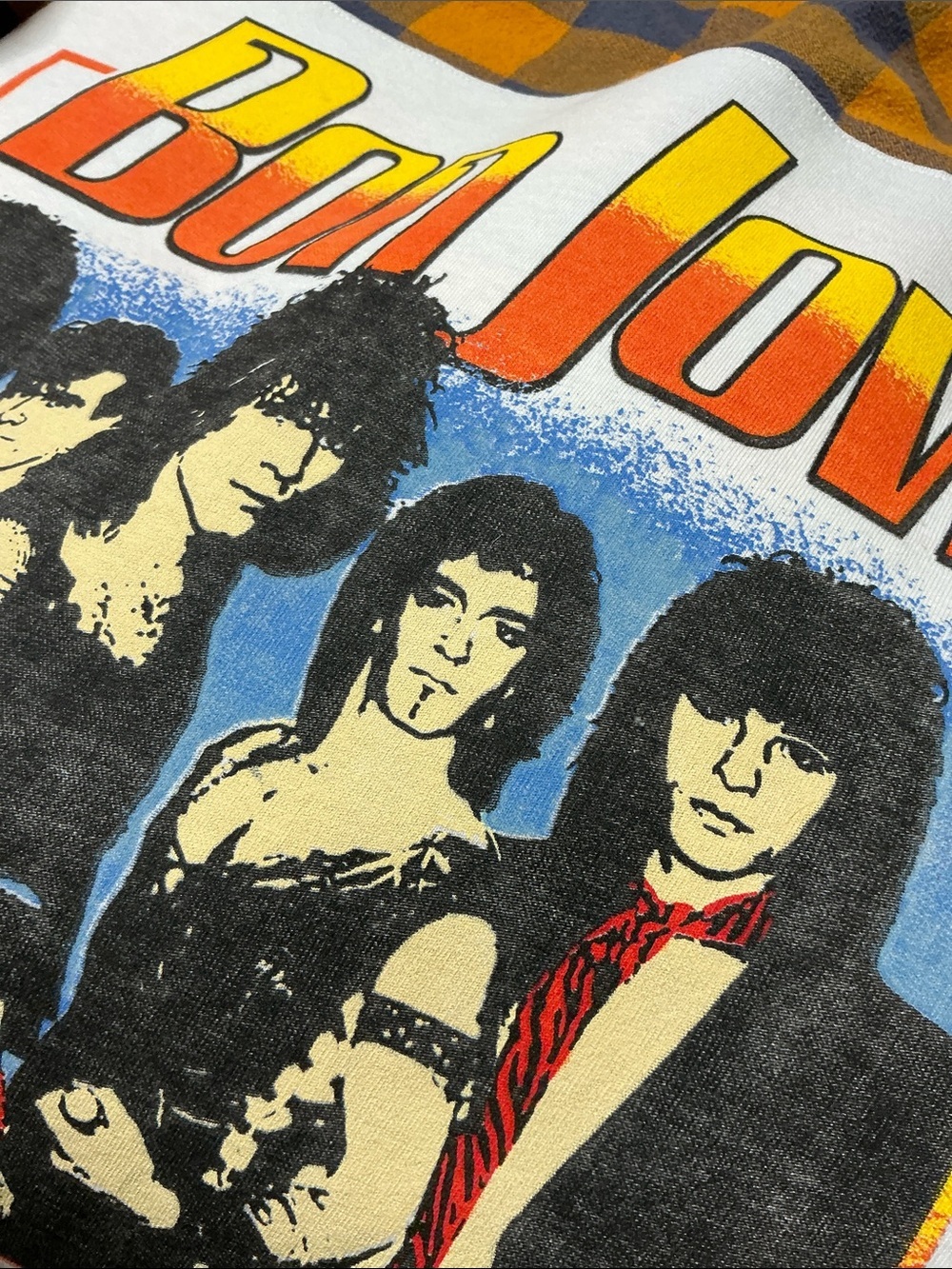 Bon Jovi Upcycled Band T Shirt Flannel Checked Top Festival Boyfriend Grunge - Picture 2 of 9
